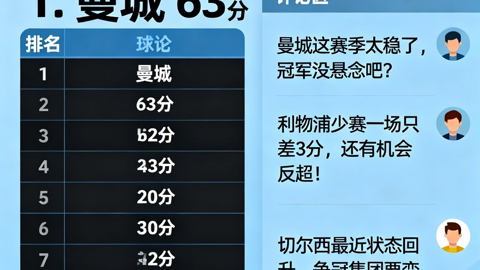赛季积分榜更新页面展示英超最新排名，曼城以63分位居榜首，球迷在评论区热烈讨论争冠形势。
